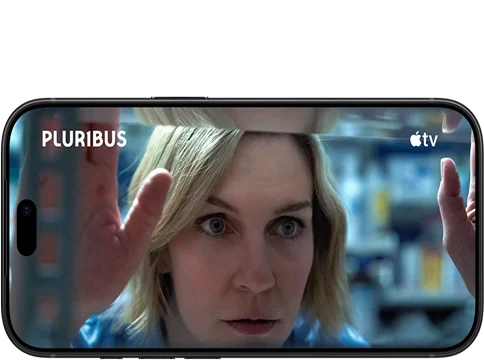 iPhone 18 Pro in burgundy showcases Apple TV content in horizontal mode, Apple TV logo, series title: Pluribus.